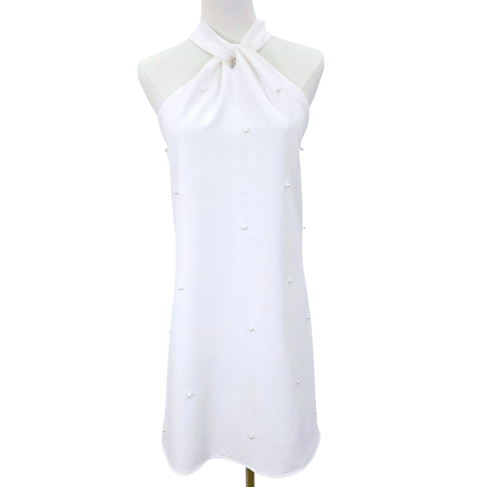 Halter Mini Dress Womens Large White Excellent faux Pearl Embellished Tie Back